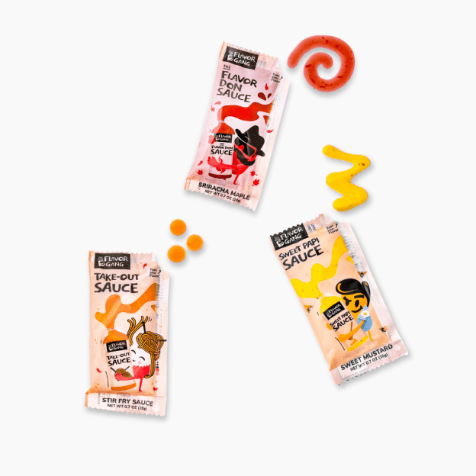 The Flavor Gang single-serve sauce packets in Sriracha Maple, Stir Fry and Sweet Mustard, with matching sauce swirls.