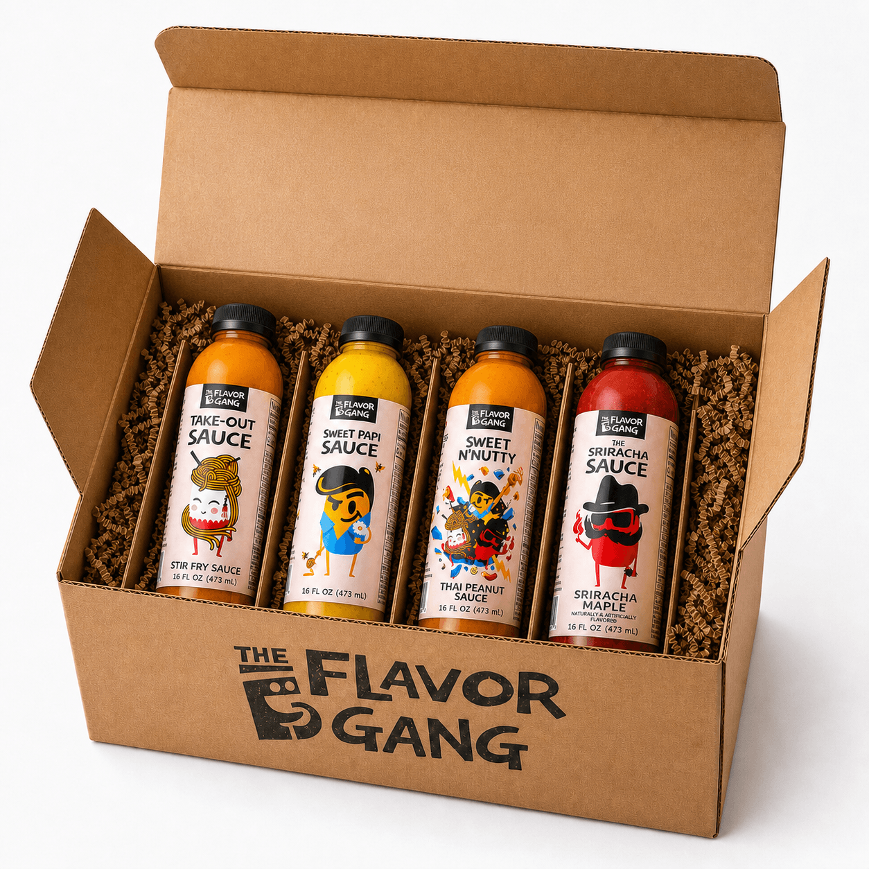 The Flavor Gang gift box with four sauce bottles: Take-Out, Sweet Papi, Sweet N’ Nutty, and Sriracha Maple.